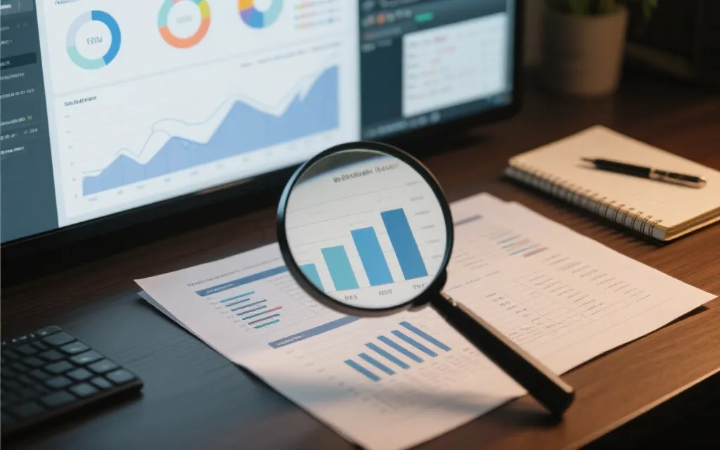 放大镜查看数据报表与截图真伪的概念图，强调核验与冷静